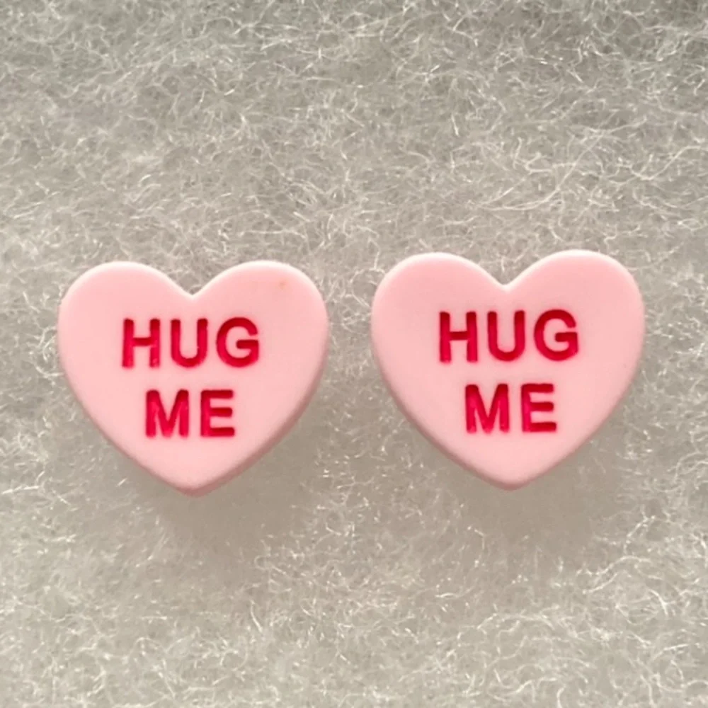 Pink Hug Me Heart Valentines Day Sweethearts Silver Toned Stud Earrings - Picture 2 of 3